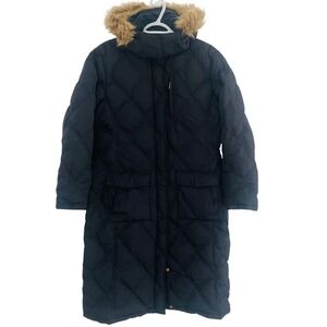 Lands End Down Quilted Parka Hooded Long Winter Coat‎ Navy Womens LG Warm Dressy